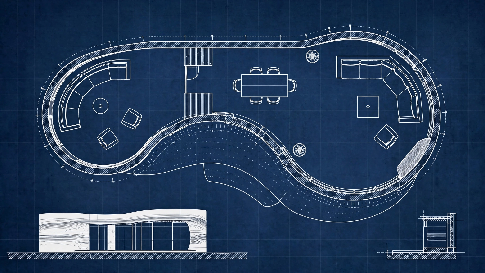 Architectural blueprint of the home drawn in white linework on a deep-blue field — the curved living area of the floor plan framed close, with the front elevation below