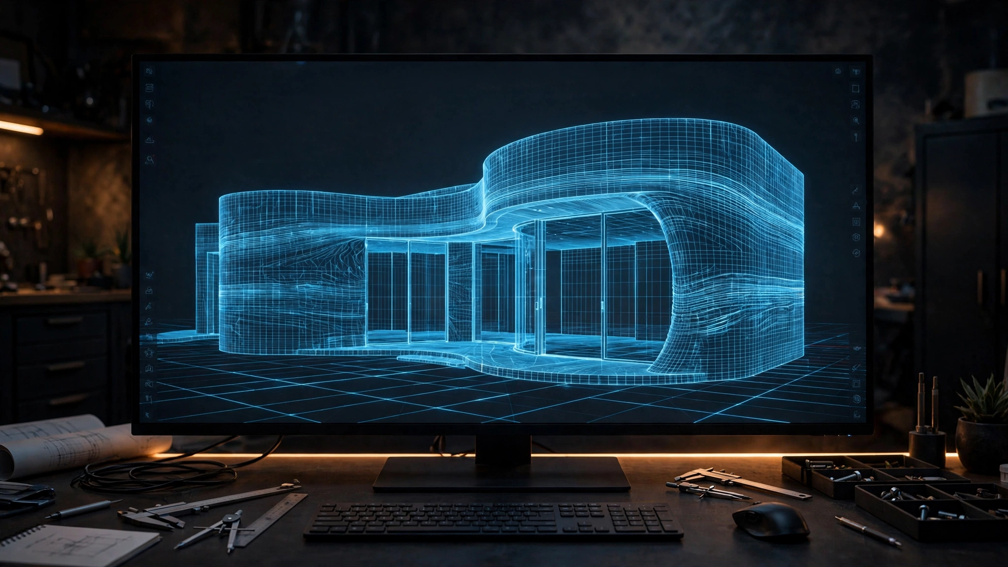 A workstation displaying a glowing wireframe CAD model of a house, its structure resolved as a precise digital mesh