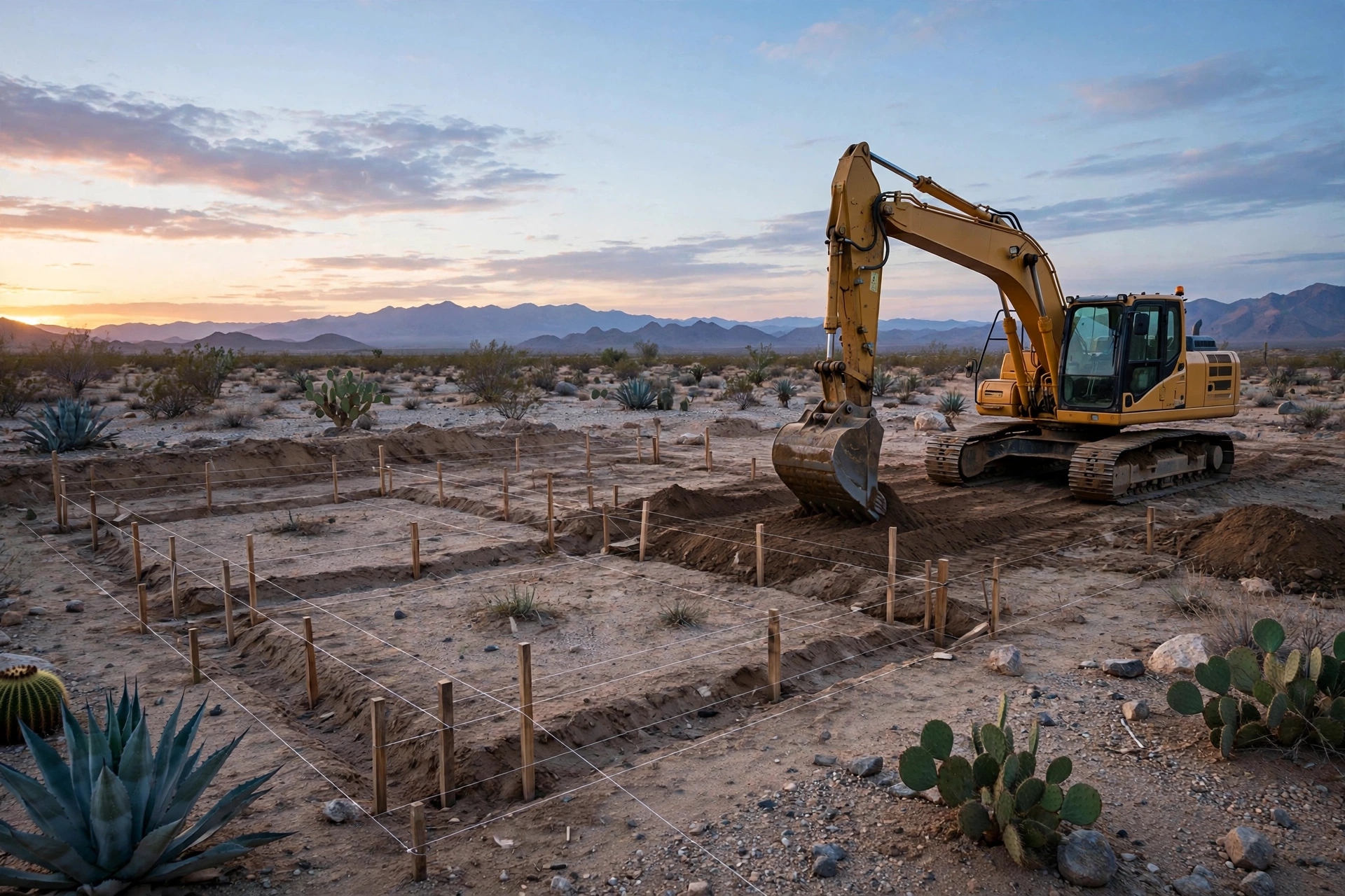An excavator preparing a desert homesite at dawn, the foundation footprint staked out and ready for the printer