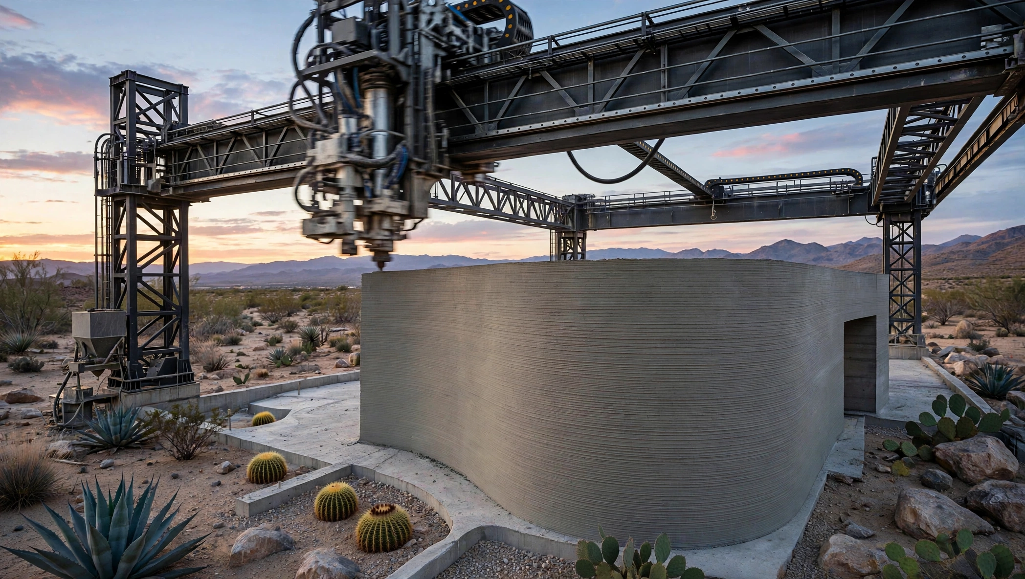 A large gantry 3D printer extruding a curved concrete wall layer by layer on a desert homesite at golden hour, the fine printed strata clearly visible